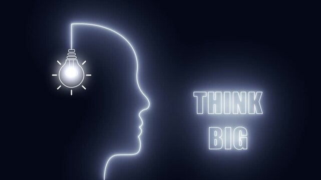 Think big glowing neon head perfect for motivational speaking channels and ambitious entrepreneurship content