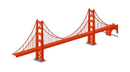 Fototapeta premium Isometric Golden Gate Bridge vector illustration featuring orange suspension towers and cables on white background, San Francisco landmark flat design icon.