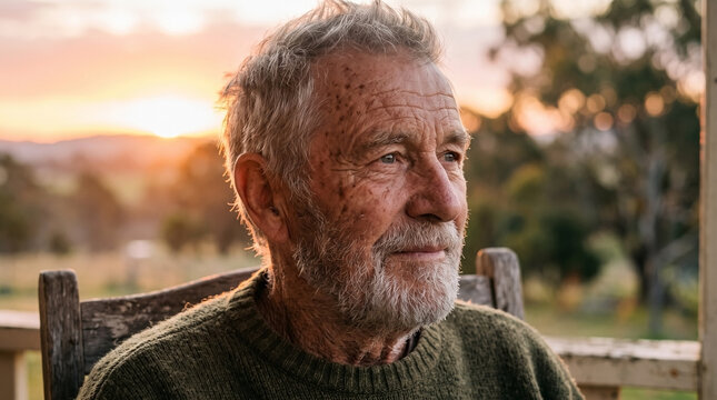 Elderly face at sunrise, older man with thoughtful expression observing tranquil rural landscape. His distinguished features reflect wisdom, bathed in warm golden light.