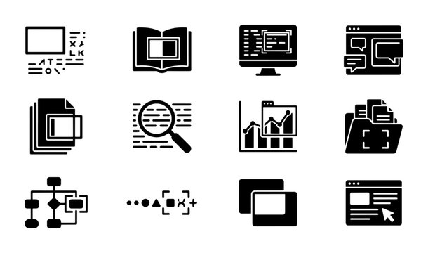 Digital Workflow Icons: Data Analysis, Document Management, and Web Design Elements for Business and Technology