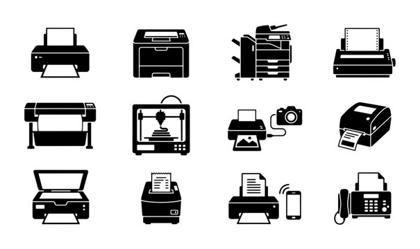 Printing Technology Icons Set, Diverse Office and Home Printers, 3D Printer, Plotter, Fax Machine, Digital Camera, Vector Graphics for Business and Technology Concepts