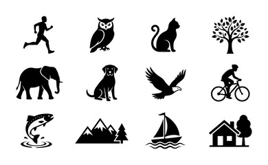 Obraz premium Diverse Silhouette Icons Set: Animals, Nature, Sports, and Buildings Collection, 12 Vector Graphics for Design