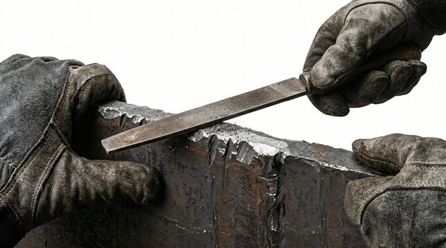 Close-up of industrial workers gloved hands meticulously filing a heavy metal component with a precision tool against a clean white background