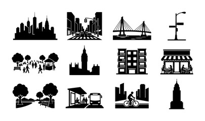 Naklejka premium Urban Cityscape Icons Set, Silhouette Buildings and Street Scenes, Vector Graphics for City Life and Architecture Concepts