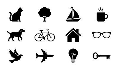 Obraz premium Set of 12 Simple Black Silhouette Icons: Cat, Dog, Bird, Tree, Bicycle, Airplane, Sailboat, House, Lightbulb, Mug, Glasses, Key. Vector Graphics for Design.