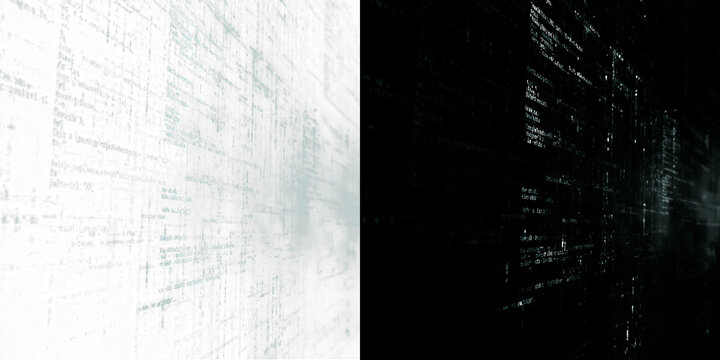 Abstract digital data stream with glowing white code text, futuristic programming background with perspective depth, cyber security concept for technology presentation, software
