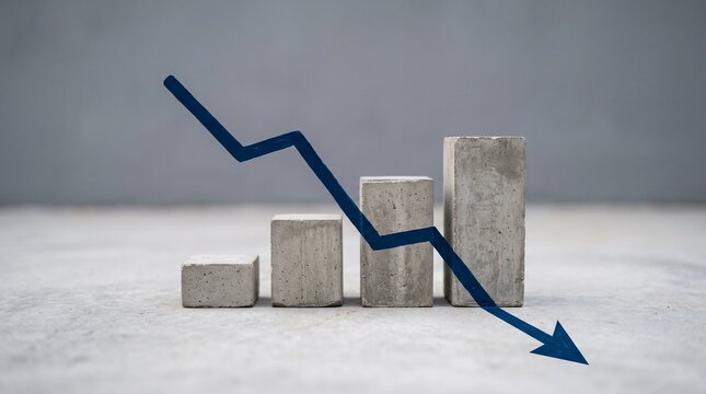 Concrete blocks arranged in ascending order with a blue downward trend line arrow overlay representing economic decline
