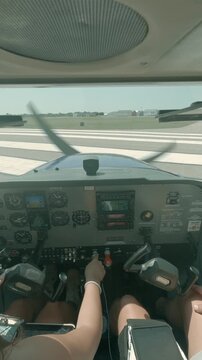 First person cockpit view shows Cessna 172 lining up on runway then accelerating and taking off with instrument panel visible