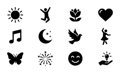 Fototapeta premium Set of 12 Simple Black Icons: Sun, Jumping Person, Flower, Heart, Music Note, Moon, Dove, Dancing Person, Butterfly, Fireworks, Smiley Face, Lightbulb Idea