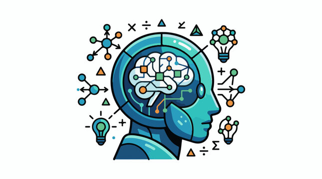 Abstract robot head with a complex brain and surrounding symbols