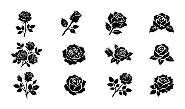 Elegant Black Rose Icons Set, Vector Floral Graphics Collection, Romantic Flower Illustrations for Design Projects