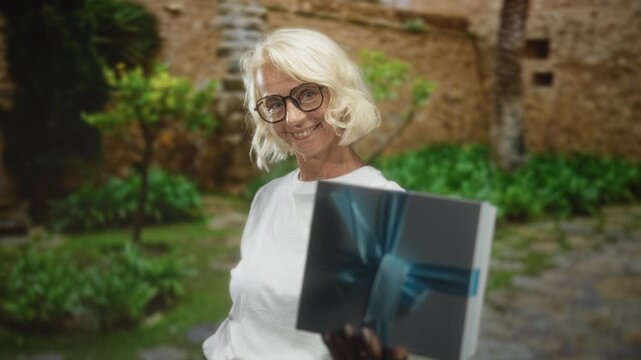 Woman offering wrapped gift box with hand extended toward camera, bare hand visible, wearing glasses and white tshirt in building courtyard; gift giving warmth.