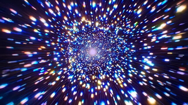 Colorful light particles swirl and expand in a cosmic tunnel, creating a mesmerizing visual effect of movement and depth in a dark space environment