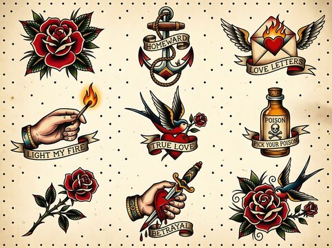Vintage tattoo flash art collection featuring roses anchors love letters and classic symbols design set