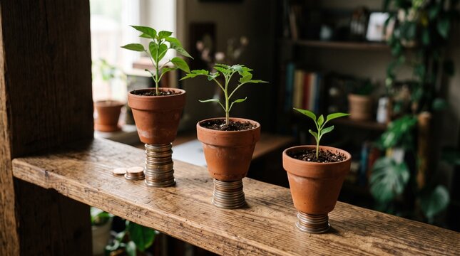 Three young plants in terracotta pots growing on stacks of coins, symbolizing financial growth, savings, and investment
