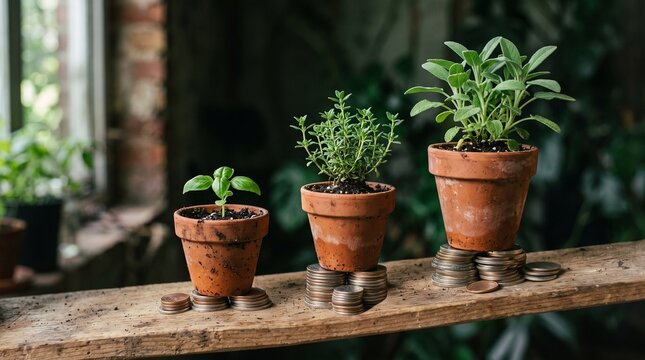 Three terracotta pots with herbs of different sizes sitting on stacks of coins on a rustic wooden shelf