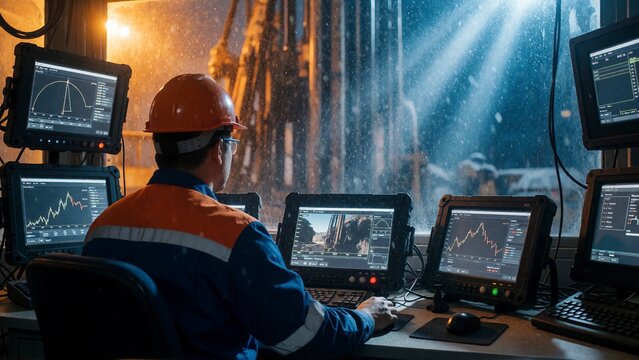 Industrial engineer monitoring oil rig data. Operator checking drilling site control screens.
