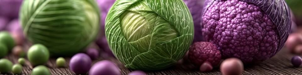 Obraz premium Close Up View Of Fresh Raw Green And Purple Cabbage Heads Arranged With Scattered Small Vegetables.