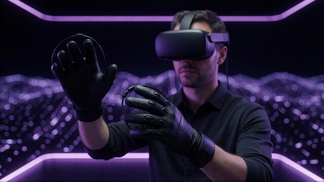 Man using VR headset and haptic gloves. Immersive digital experience in virtual reality.