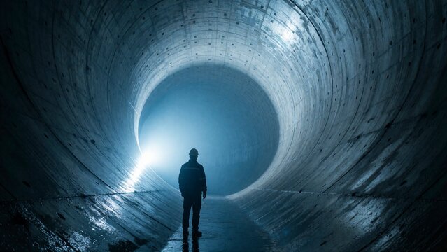 Person walking inside a dark concrete tunnel. Silhouette of a man exploring a deep pipe.