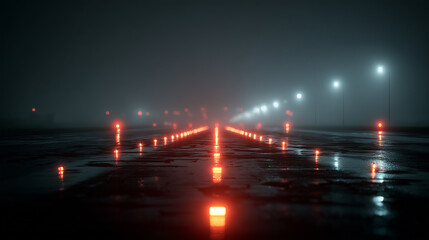 Fototapeta premium Illuminated runway marker lights shine through thick morning fog creating a cinematic atmosphere