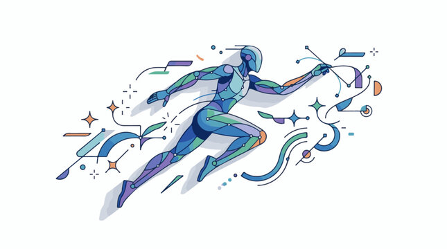 Abstract runner with geometric lines and shapes in blue green purple