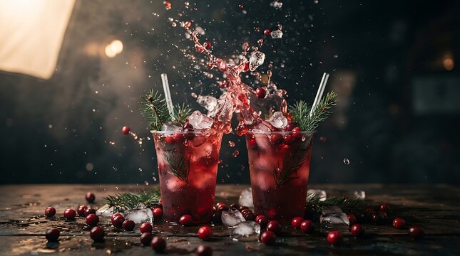 Cranberry Christmas cocktail splash with ice and pine
