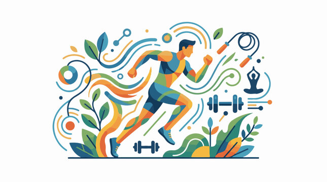 Abstract runner surrounded by fitness and nature elements