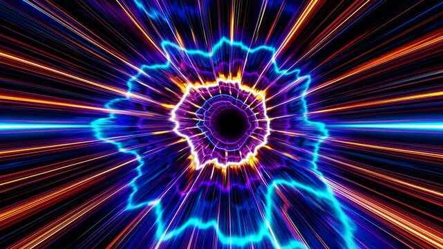 Abstract digital tunnel with vibrant blue and purple light streaks creating a sense of motion and depth, leading towards a dark center in a futuristic setting
