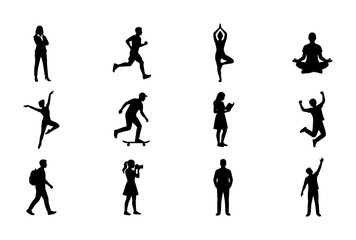 Obraz premium Diverse Human Silhouettes Collection, 12 Vector Icons for Lifestyle, Fitness, and Business Concepts, Black and White Figures