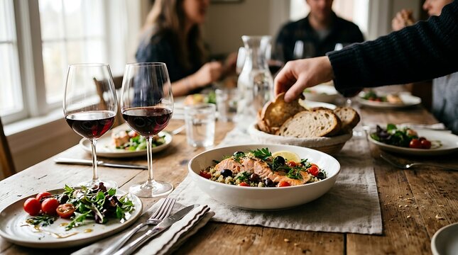 Delicious salmon dish with salad and wine on wooden table