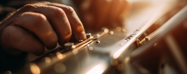 Fototapeta premium Hands tighten bolts on wing flap hinge in warm tungsten light during late afternoon assembly work