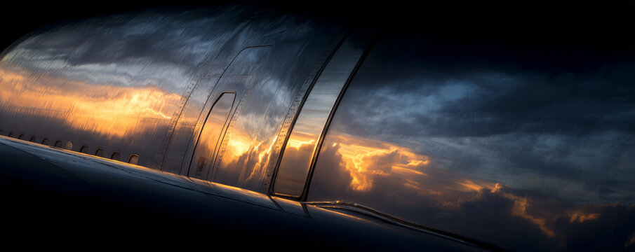 Storm clouds reflect on airplane fuselage illuminated by warm light during sunset flight