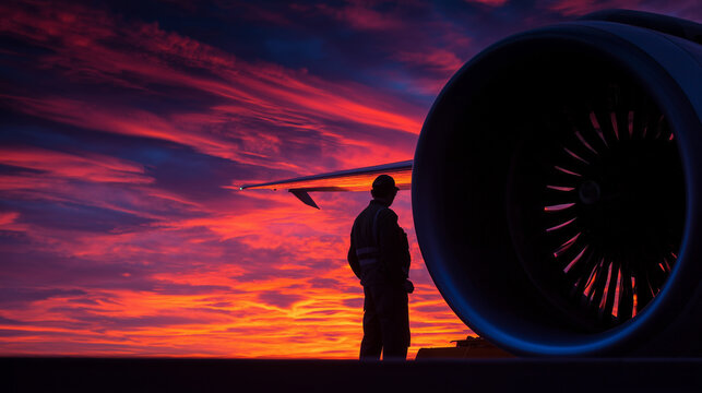 Mechanic stands beside jumbo jet engine under fiery sunset sky with vibrant clouds and dramatic colors