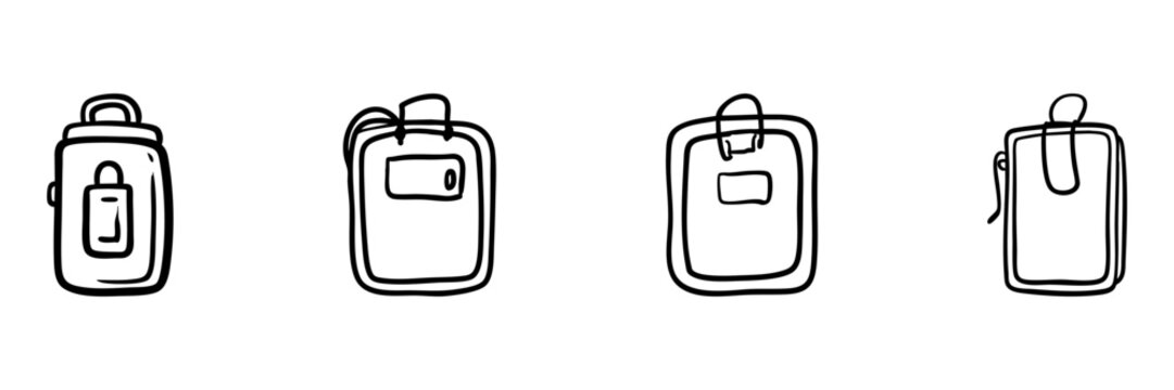 Backpack Icons In Hand Drawn Style Set. Travel And School Doodle Sketch Collection. Ideal For Educational And Adventure. Isolated Vector Illustration