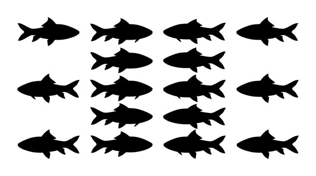 School of Silhouette Fish, Aquatic Life Vector Pack, Simple Marine Animal Icons, Black and White Underwater Creatures Graphic