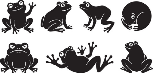 Obraz premium Frog icons, black silhouette set, amphibian symbols, vector illustrations isolated on Transparent Background
