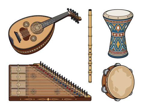 A collection of traditional Middle Eastern musical instruments including an oud qanun flute darbuka and tambourine.