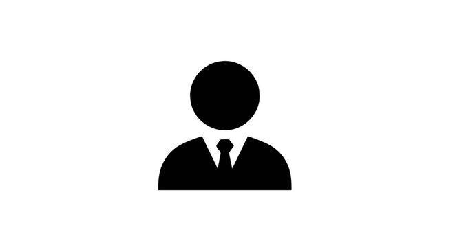 Minimalist black silhouette of a businessman wearing a suit and tie, representative of corporate professional user profile icon on white background