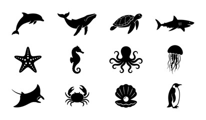 Fototapeta premium Marine Life Vector Icons Set: Dolphin, Whale, Turtle, Shark, Seahorse, Octopus, Jellyfish, Starfish, Crab, Penguin, Shell, Stingray Silhouettes for Oceanography and Wildlife Design