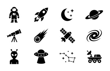 Obraz premium Space Icons Collection: Astronaut, Rocket, Planets, Telescope, Alien, UFO, Satellite, Galaxy, Stars, Constellations, Moon, Rover - Vector Graphics for Science and Exploration Themes