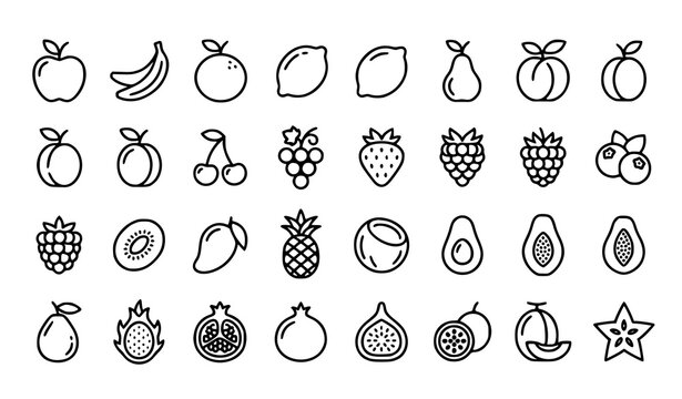 Fresh Fruits Editable Line Icon Collection with Minimal Outline Symbols for Web Apps and Logo Design