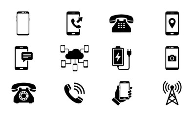Fototapeta premium Mobile Phone and Communication Icons Set: Smartphone, Rotary Phone, Network, Battery, Location, Call, Message, Camera, Signal Tower