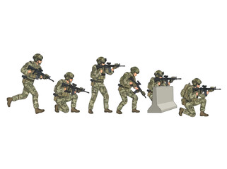 Fototapeta premium A group of six soldiers in camouflage uniforms engaged in tactical combat maneuvers.