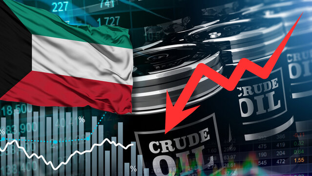 A barrel of crude oil, the Kuwait flag, and a red arrow illustrate the drop in Kuwaiti oil prices, relating to market fluctuations, resource supply chain security, and global energy inflation.