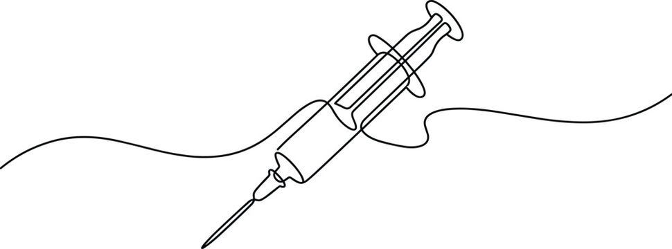 Minimal Continuous Line Art Medical Syringe with Hypodermic Needle Vector Illustration for Healthcare and Vaccination