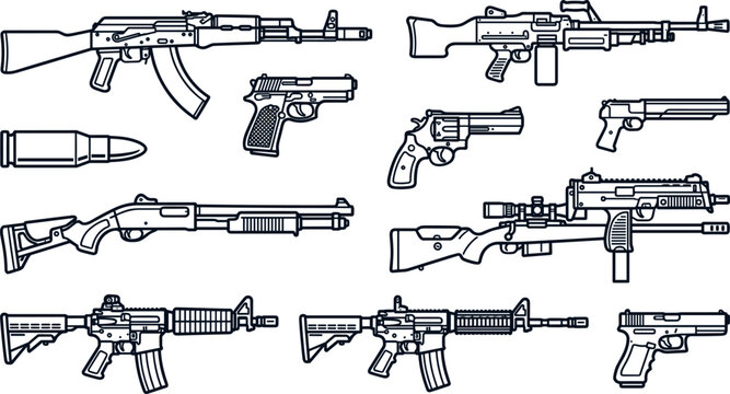 Military Firearms and Tactical Weapons Outline Icon Set with Assault Rifles Shotguns Handguns Sniper Scopes and Ammunition Line Art for Instruction Manuals and Digital Interface Designs