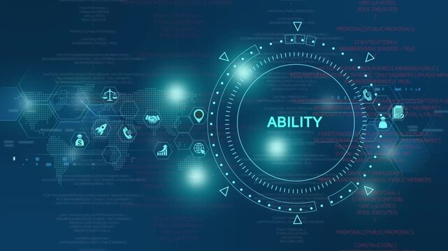Digital hud interface with global network data and ability text overlay, futuristic cyber security and business analytics technology background