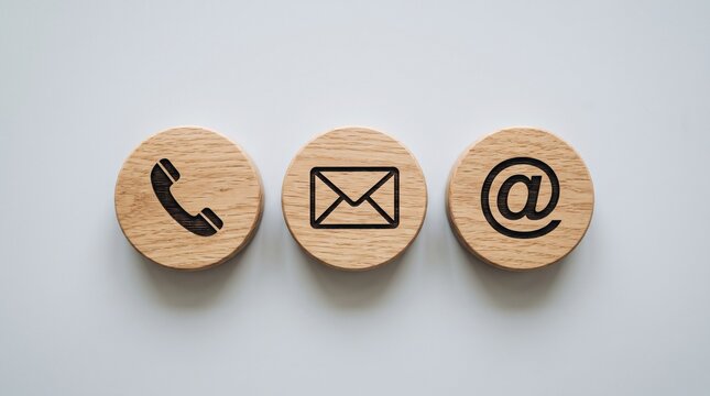 Wooden circles with icons for phone, mail, and email contact isolated on white background