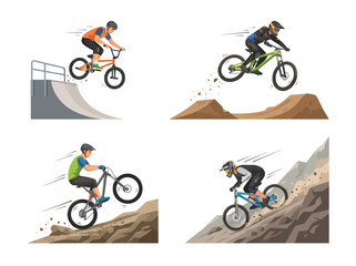Fototapeta premium Four illustrations of cyclists performing various mountain biking and bmx stunts.
